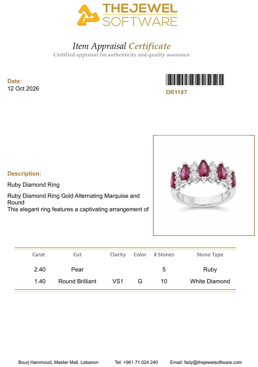 The Jewel Software item appraisal certificate (A5) for a ruby and diamond ring, with barcode, photo and stone details