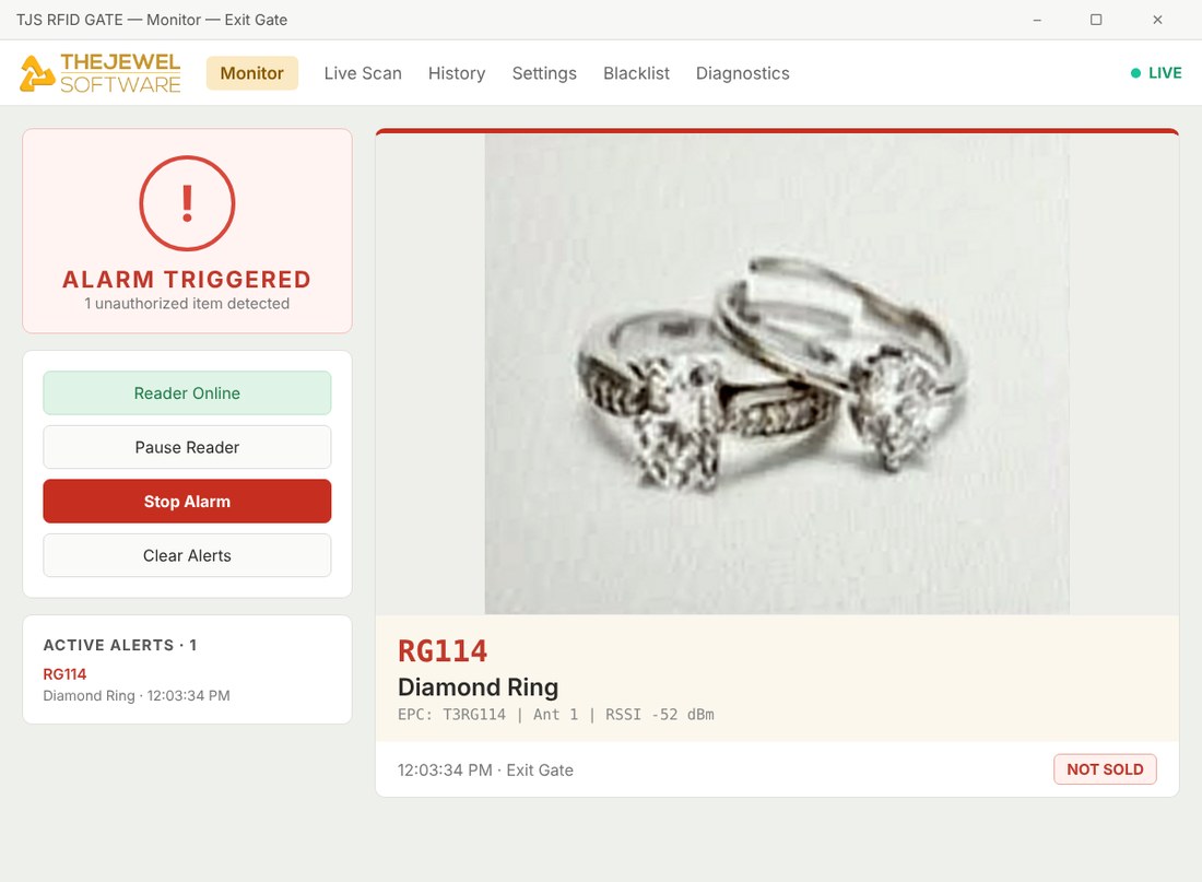 The Jewel Software RFID Gate monitor screen: alarm triggered for an unsold diamond ring, showing its photo, item code and time