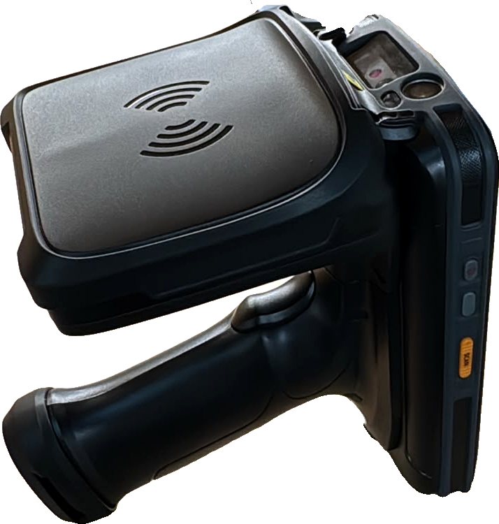 The Jewel Software handheld RFID scanner with pistol grip and RFID antenna